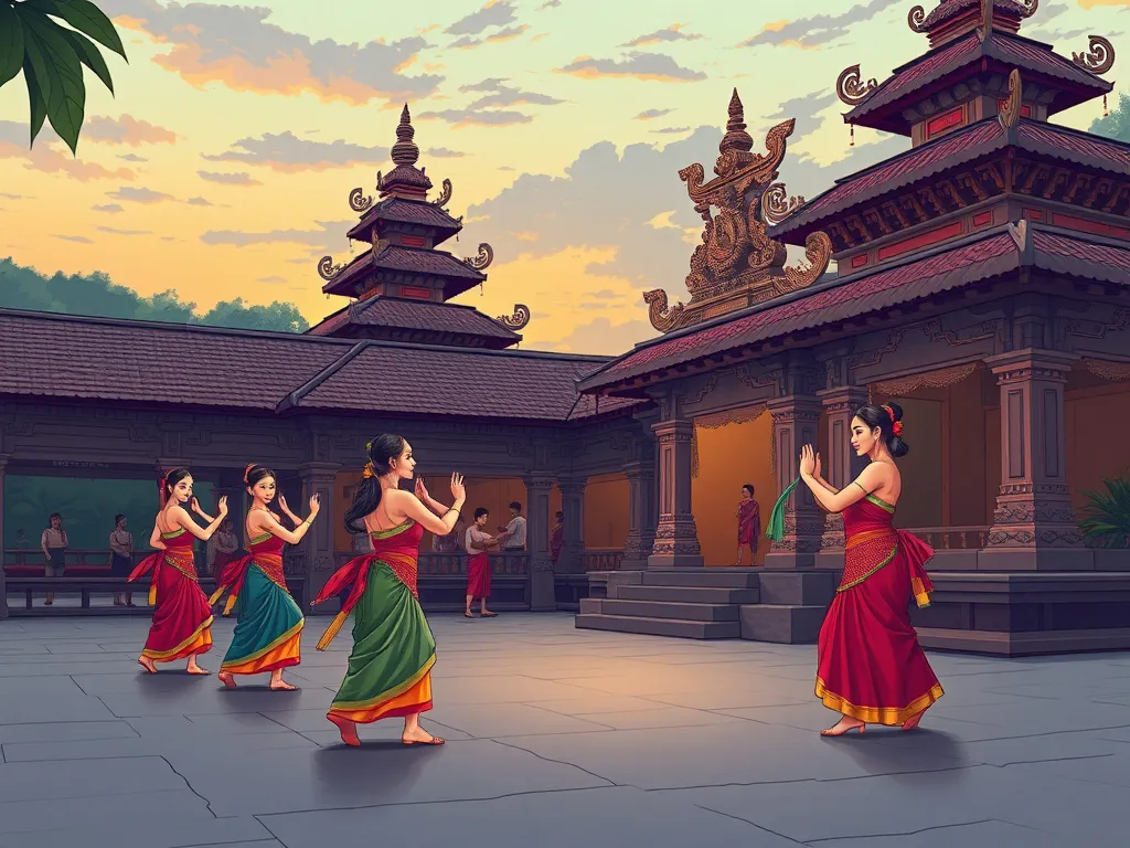 Illustration of a Balinese cultural dance performance in a temple courtyard at dusk, with detailed traditional costumes and intricate temple architecture