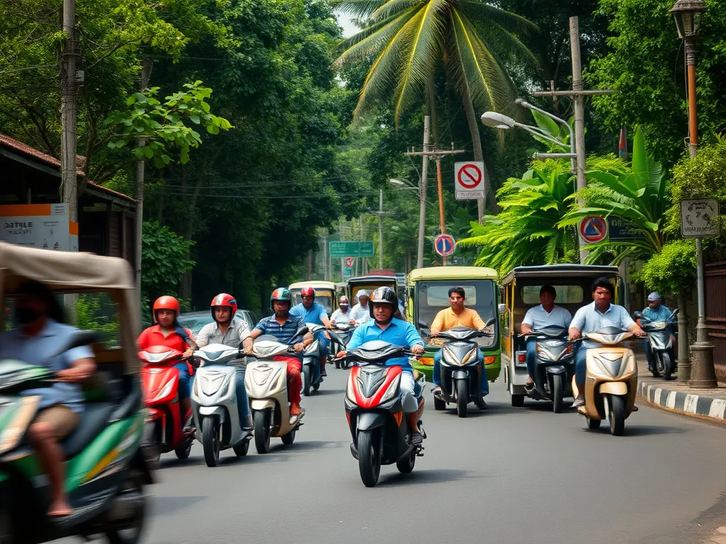 Scene of a Balinese street with scooters and local transport vehicles in motion, capturing the dynamics of Bali traffic, with lush green surroundings