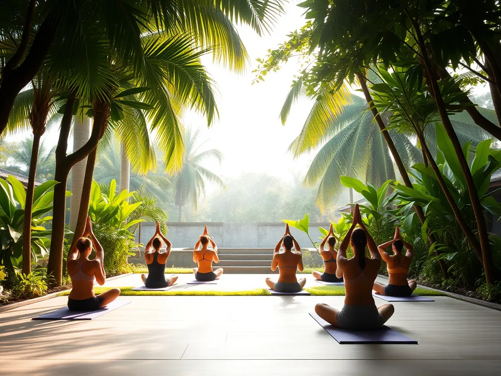 Serene image of a yoga class set in a tranquil Balinese garden, with participants practicing under the shade of lush tropical trees, calming atmosphere