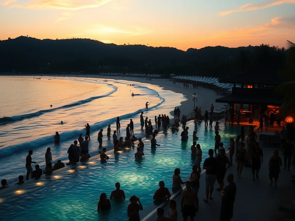 Vibrant image of a Bali beach club during sunset, with people enjoying oceanfront pools and music, capturing the dynamic and lively scene