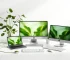 High-quality image of eco-friendly electronic devices, showcasing sleek, modern design with green and sustainable elements, photosynthesis-inspired aesthetic, professional lighting