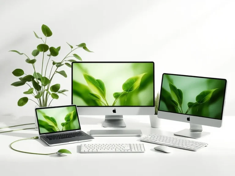 High-quality image of eco-friendly electronic devices, showcasing sleek, modern design with green and sustainable elements, photosynthesis-inspired aesthetic, professional lighting