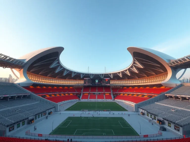 Futuristic sports stadium with advanced architectural design, featuring dynamic shapes and innovative technology, daytime setting, high detail, photorealistic
