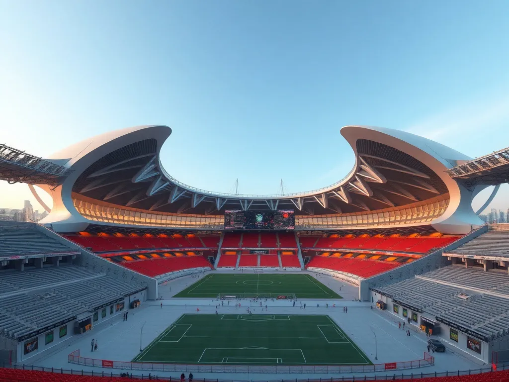 Futuristic sports stadium with advanced architectural design, featuring dynamic shapes and innovative technology, daytime setting, high detail, photorealistic