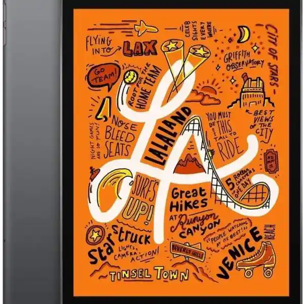 Apple iPad Mini 6 Wi‑Fi tablet with gray body and compact touchscreen, vibrant orange display