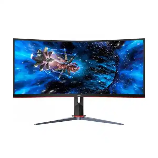 AOC CU34G2X/BK curved 34-inch ultrawide monitor with black and red stand, space graphic on screen