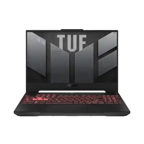ASUS TUF Gaming laptop in black with red backlit keyboard, 16-inch display